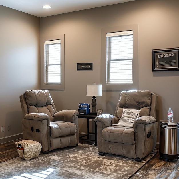 a living room with two chairs and a sign that says  the word  on it