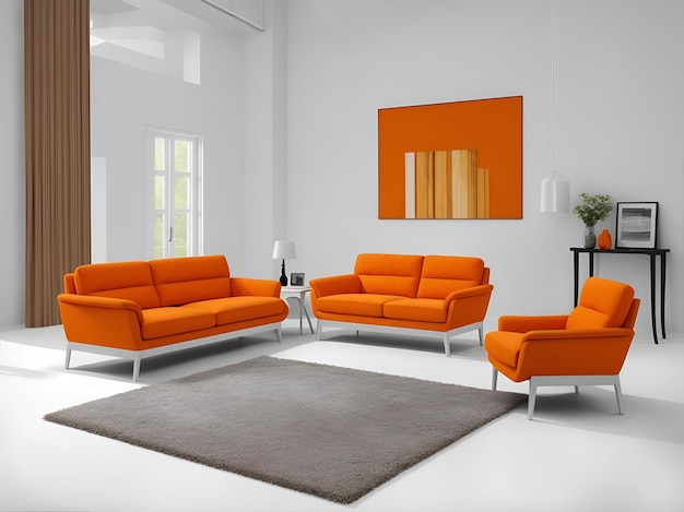 A living room with two sofa and one orange armchair and a gray carpet