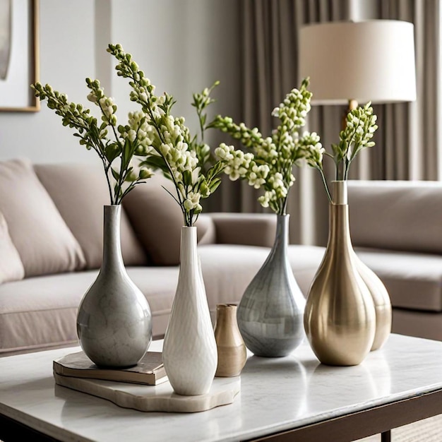 a living room with vases and flowers on a table