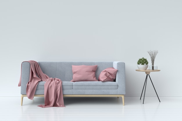 living room with velvet sofa on empty white wall background