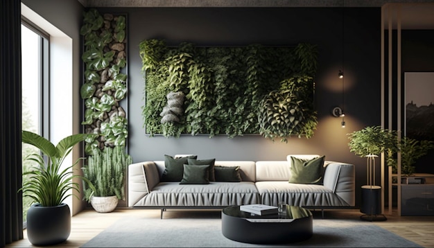 Living room with vertical garden plants in luxury interior Generative Ai