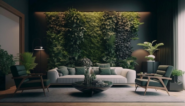 Living room with vertical garden plants in luxury interior Generative Ai