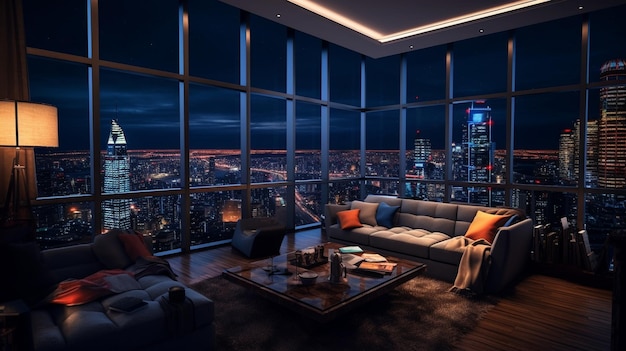 A living room with a view of the city at night.