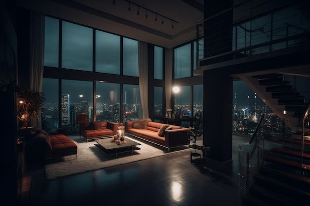 A living room with a view of the city at night.