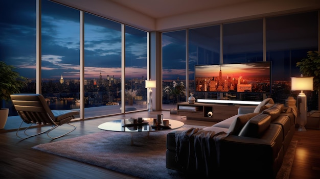 A living room with a view of the city at night.