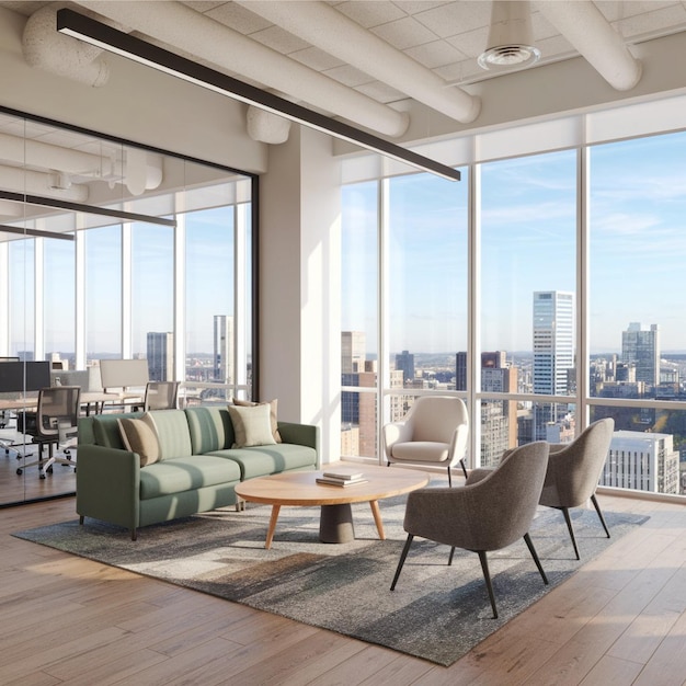 A living room with a view of the city outside