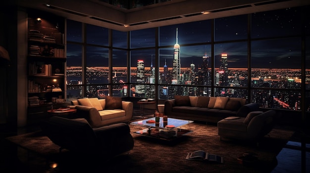 A living room with a view of the city skyline at night.