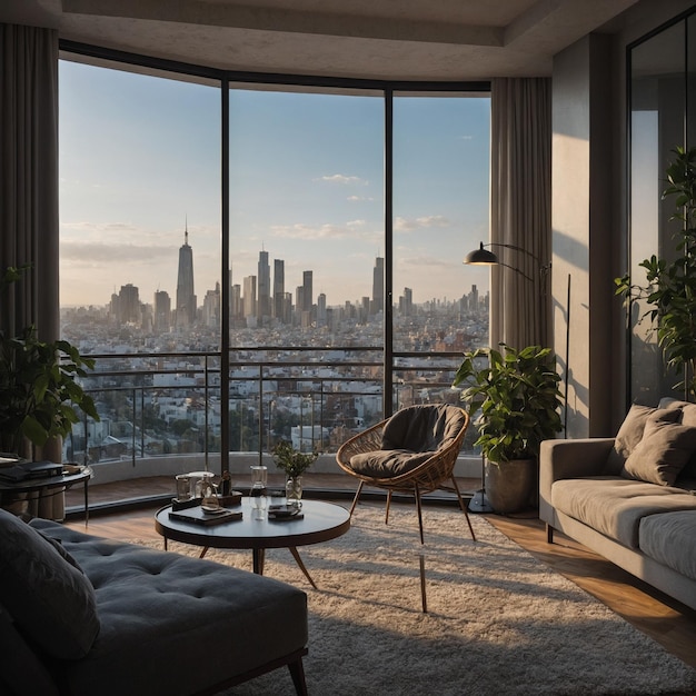 a living room with a view of the city skyline