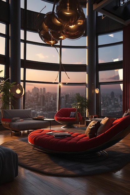 A living room with a view of the city skyline.