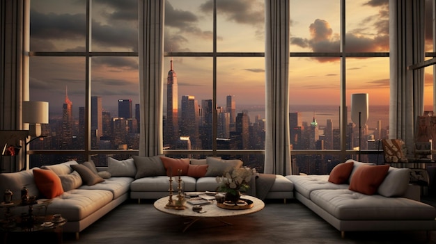 A living room with a view of the city skyline.