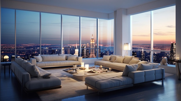 A living room with a view of the city skyline.