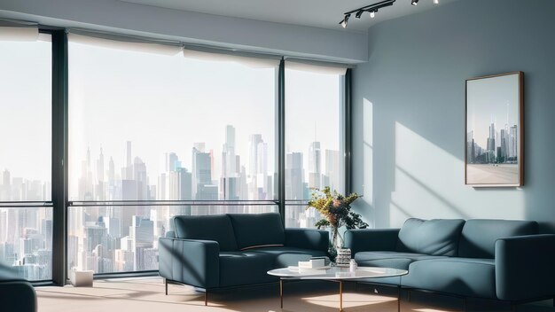 A living room with a view of the city skyline.