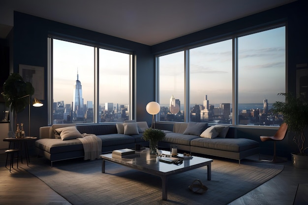 A living room with a view of the city skyline.