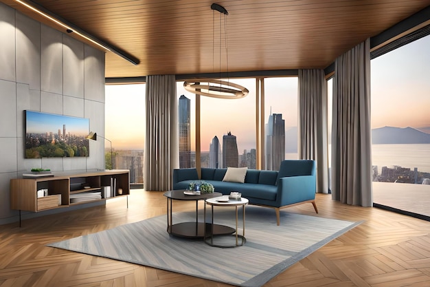 A living room with a view of the city skyline.