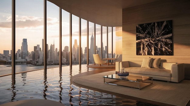 a living room with a view of the city skyline