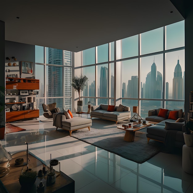 A living room with a view of the city skyline