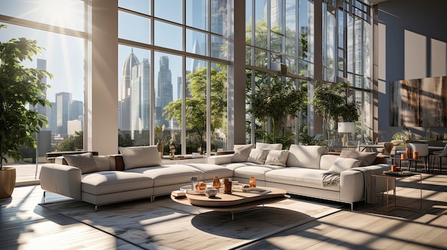 a living room with a view of the city.