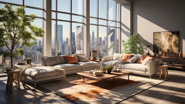 a living room with a view of the city.