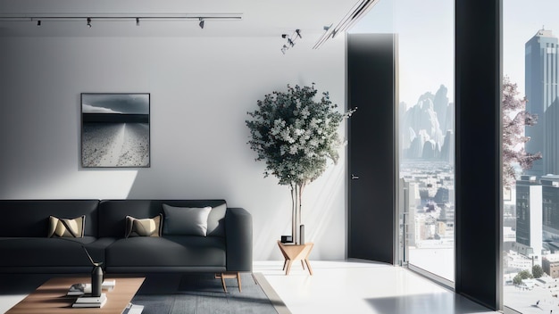 A living room with a view of the city