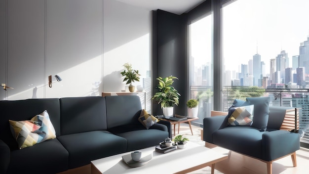 A living room with a view of the city