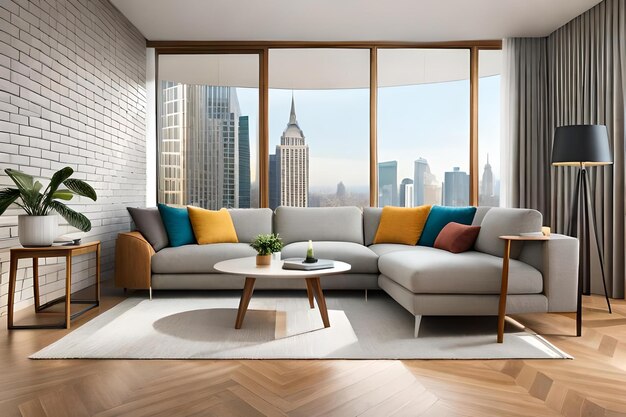 A living room with a view of the city