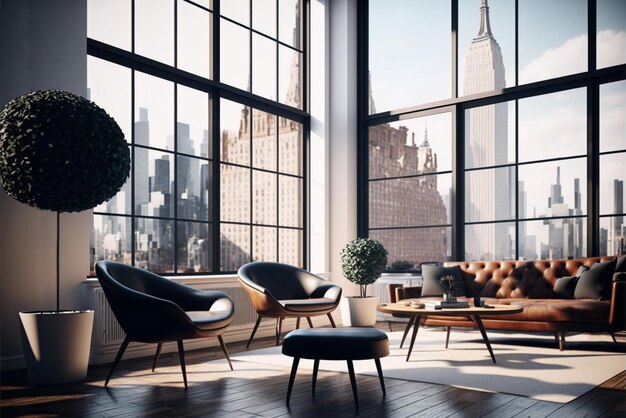 A living room with a view of the empire state building.