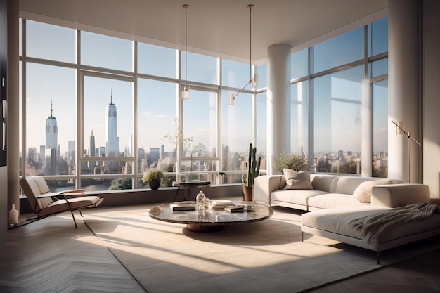 A living room with a view of the empire state building.