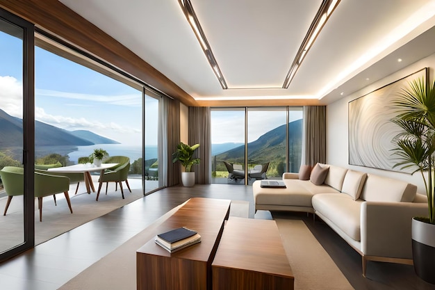 Living room with a view of a mountain and a lake