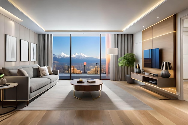 A living room with a view of the mountain range.