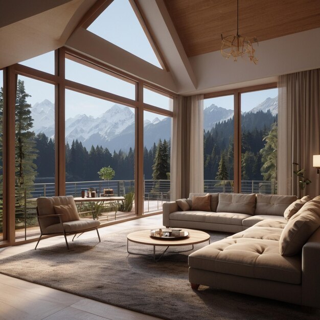 a living room with a view of mountains and mountains