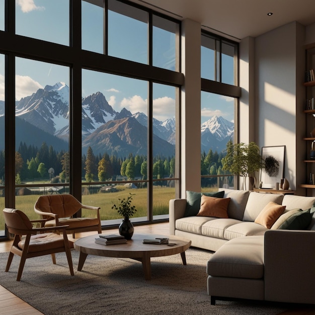 a living room with a view of mountains and mountains