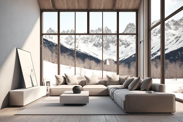 A living room with a view of the mountains