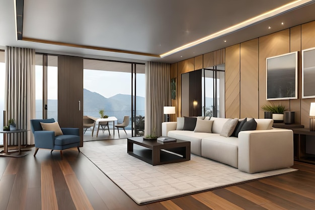 A living room with a view of the mountains