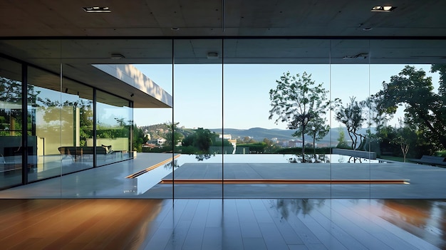 Photo a living room with a view of the ocean and a large window