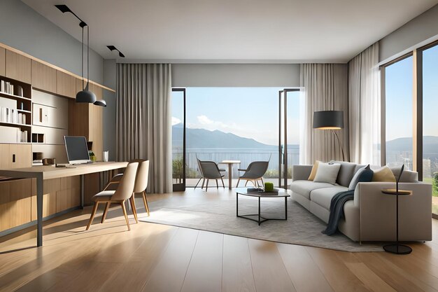 A living room with a view of the ocean and mountains in the background.