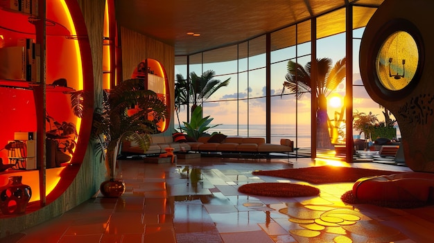 a living room with a view of the ocean and palm trees