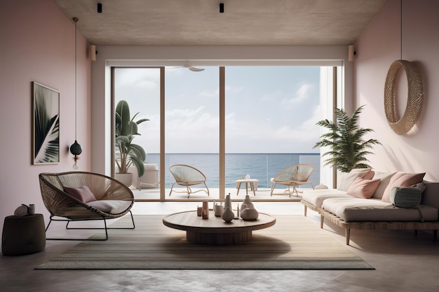 A living room with a view of the ocean.