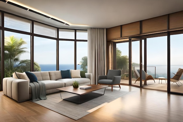 A living room with a view of the ocean.