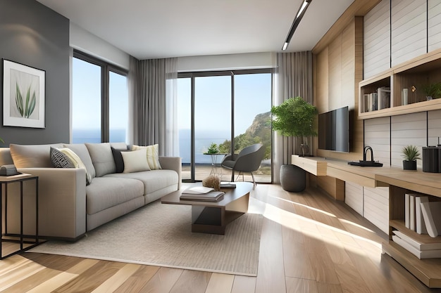 A living room with a view of the ocean.