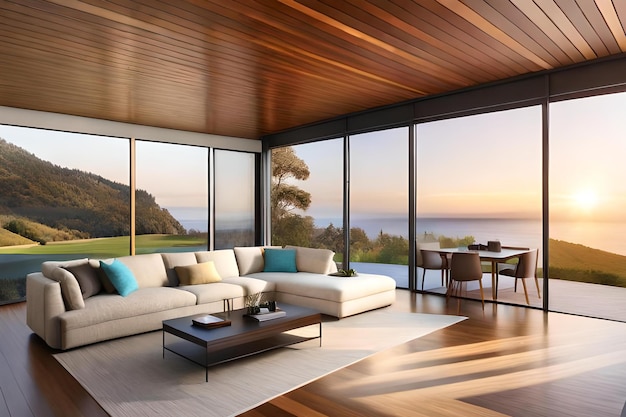 A living room with a view of the ocean.