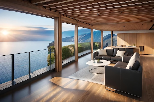 A living room with a view of the ocean.