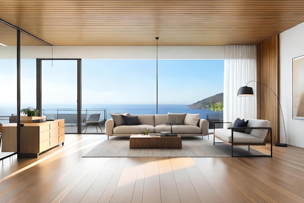 A living room with a view of the ocean.