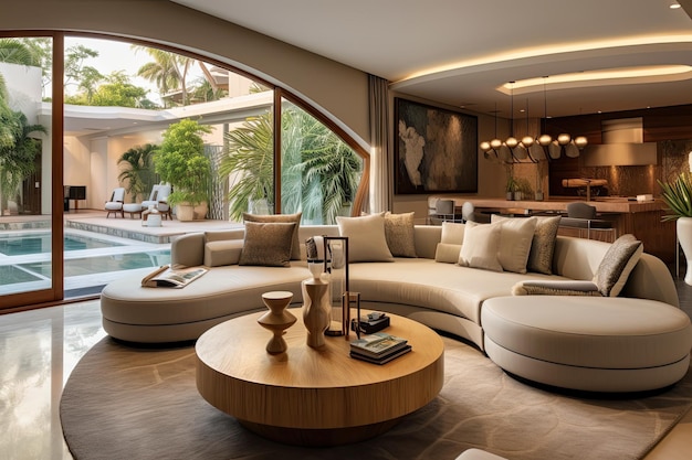 Living room with a view of the pool and pool