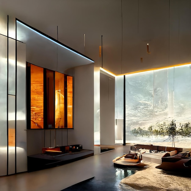 A living room with a view of a snowy landscape.