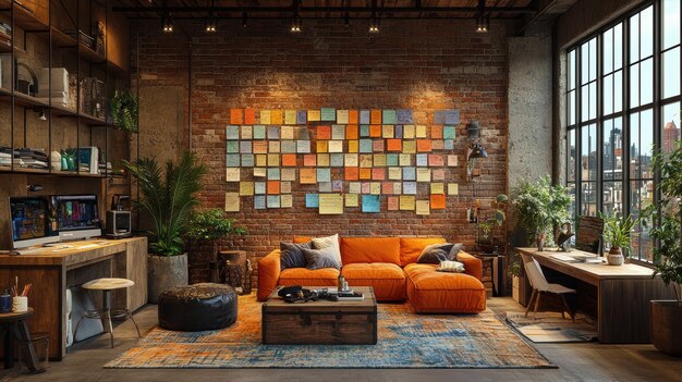 a living room with a wall of books on the wall