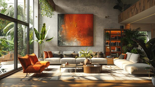 Living Room with Wall Painting and Couch with Orange Pillows