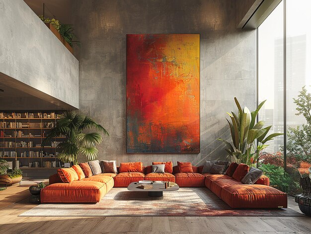 Living Room with Wall Painting and Couch with Orange Pillows