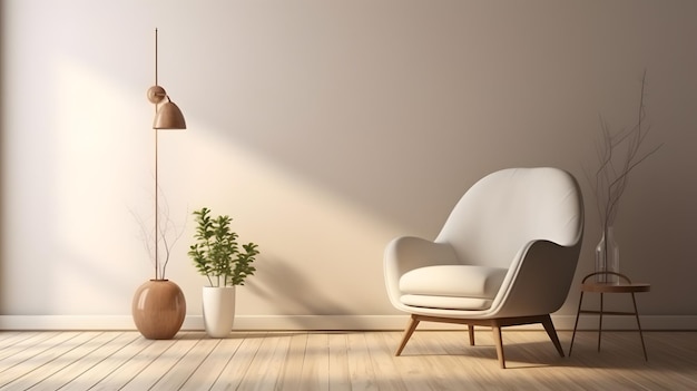 A living room with a white chair and a potted plant on the wall.