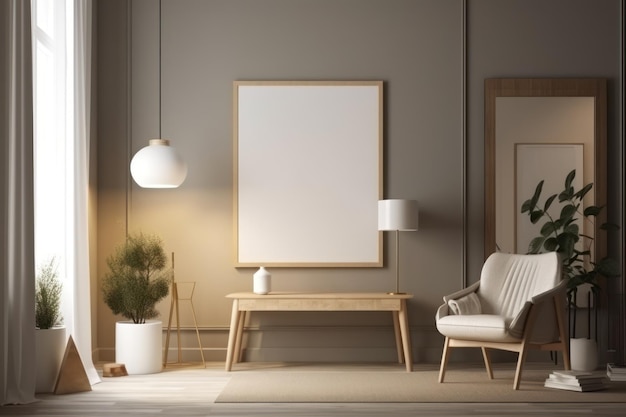 A living room with a white chair, a table, and a lamp.