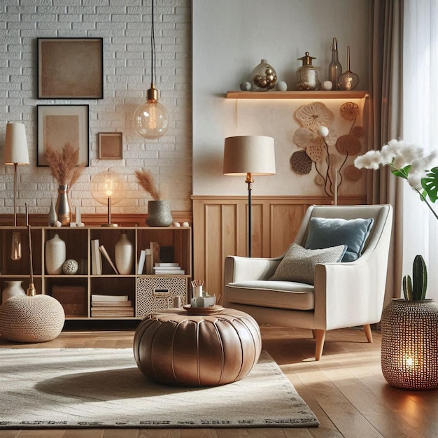 a living room with a white chair and a white chair with a white chair and a vase with flowers in it